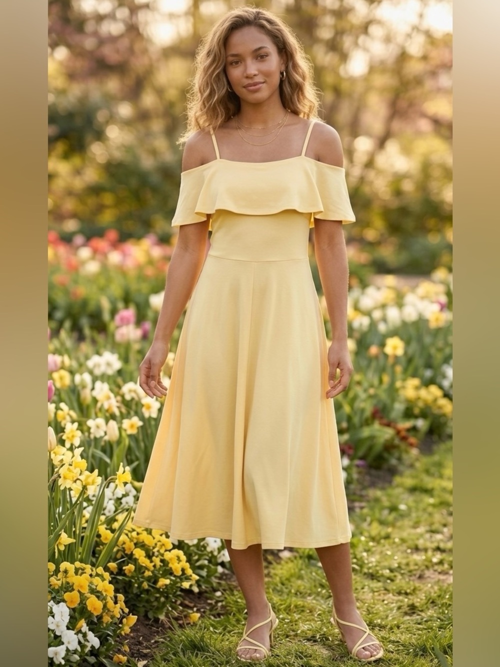 Leith Ruffle Off-The-Shoulder Midi Dress - Buttercream Yellow - Size L- NEW!
